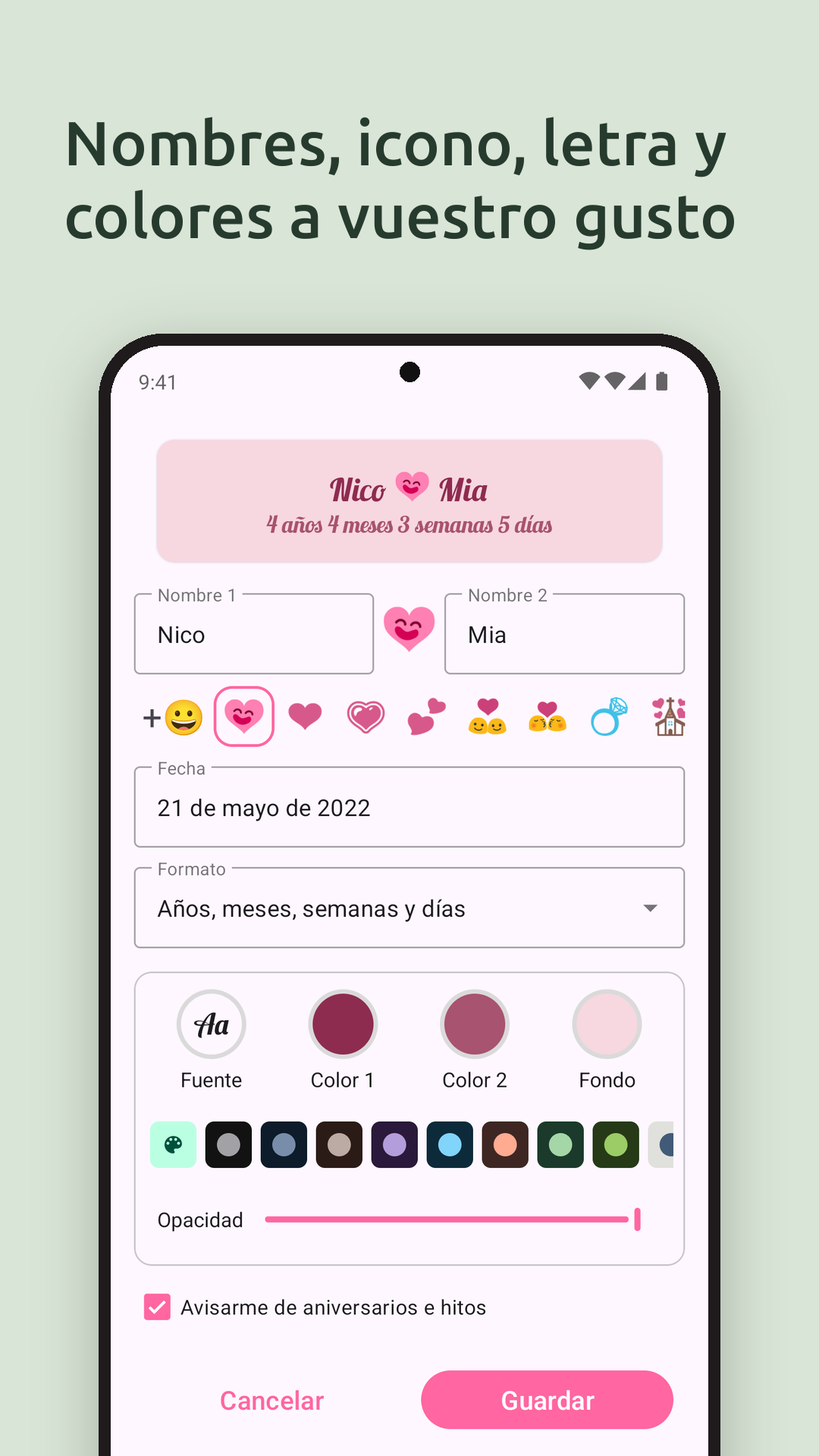 Nombres, icono, letra y colores a vuestro gusto